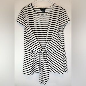 Papillon Black White Striped Blouse SS with Tie Knot Wrap Front Womens Sz XL